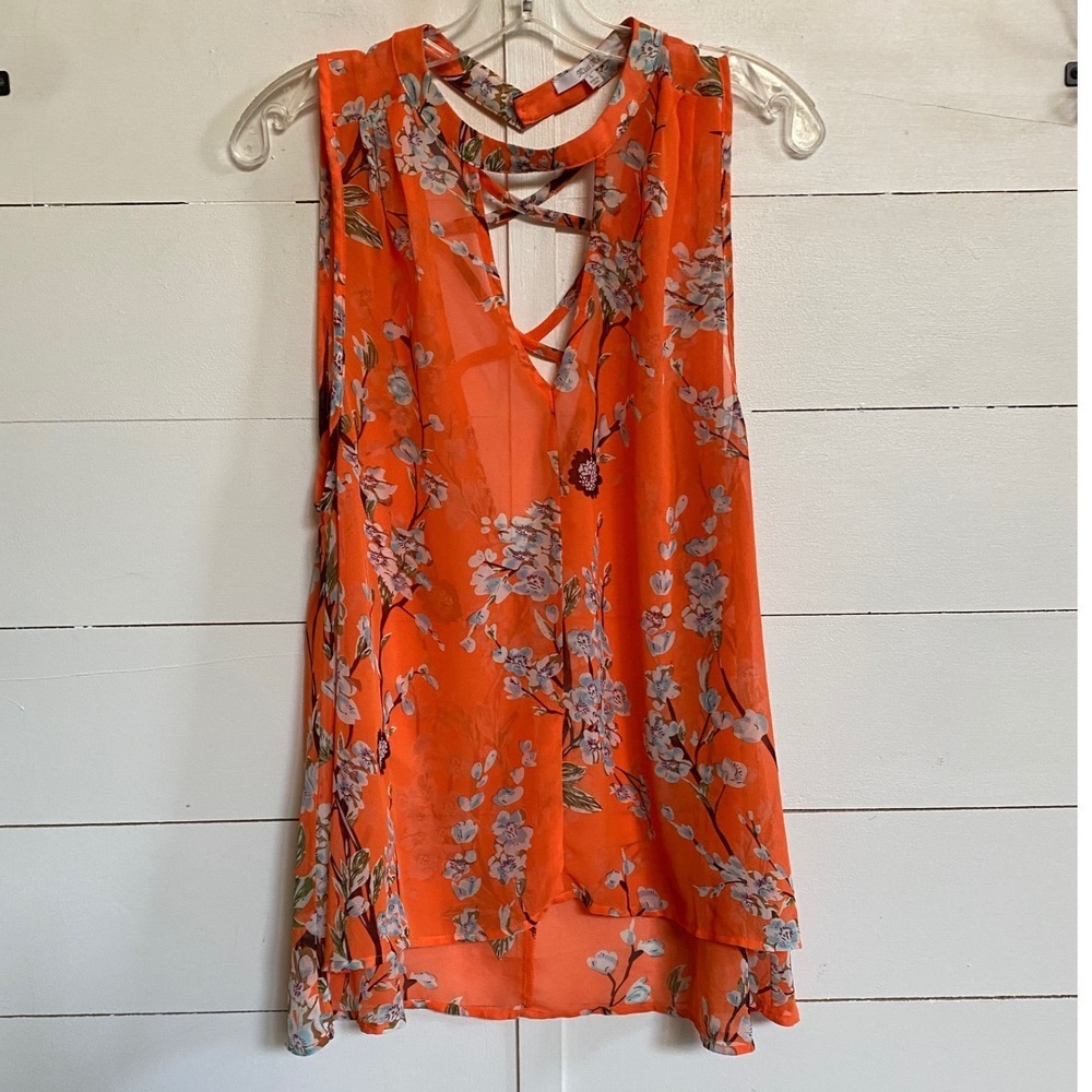 Miss Me Orange Floral Choker Neck Open Back Crisscross Blouse MDT1017T L - Picture 5 of 14